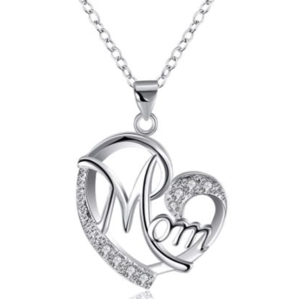 Mom Heart Diamond Pendant Necklace 925 Silver